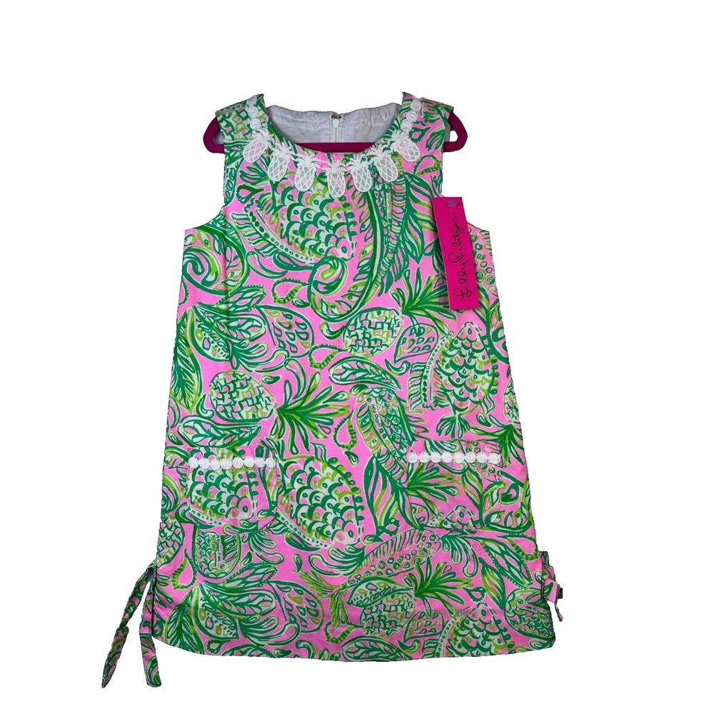 Lilly Pulitzer Shift Dress Kids Size 6 Fins and Flippers Tropical  Lace Trim NWT